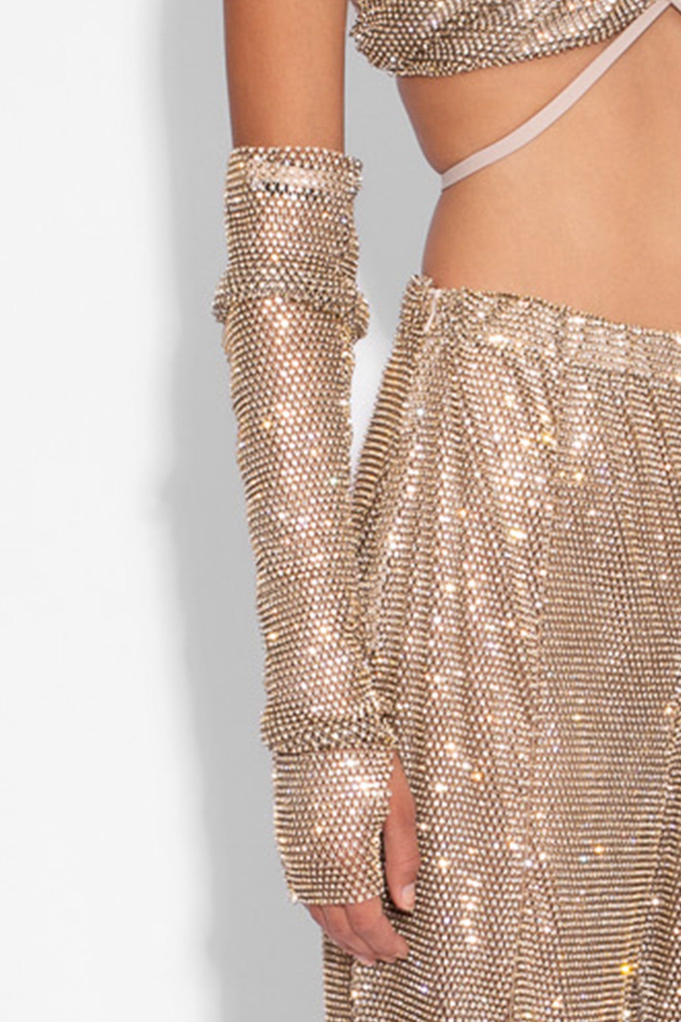 Crystal Embellished Fishnet Gloves in Gold