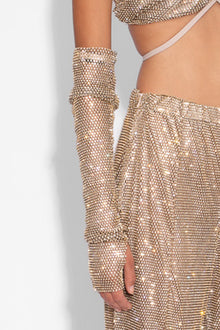 Crystal Embellished Fishnet Gloves in Gold