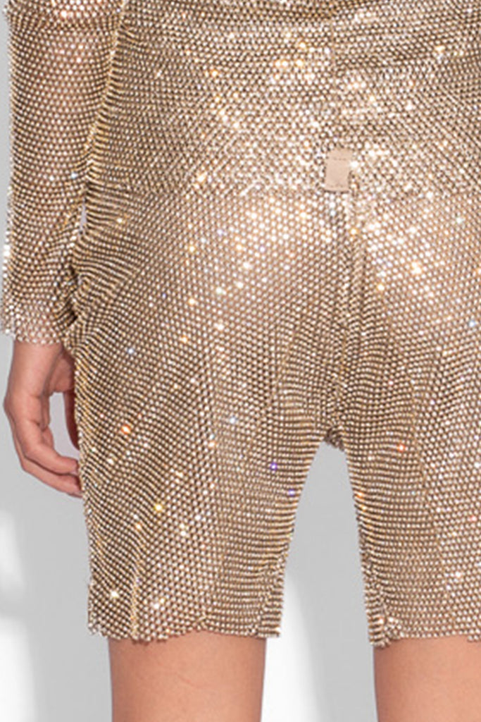Crystal Embellished Fishnet Biker Shorts in Gold