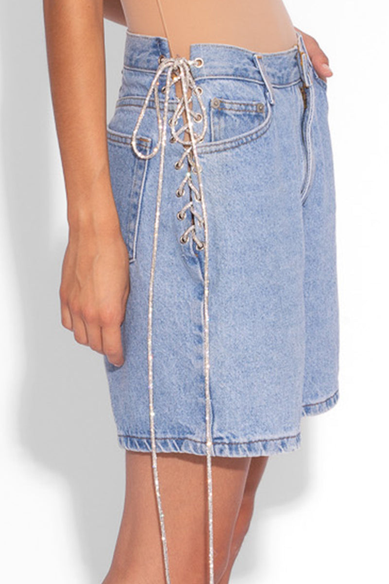 Vintage Denim Crystal Lace Up Shorts