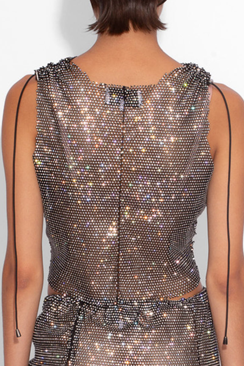 Crystal Embellished Fishnet Tank Top in Black