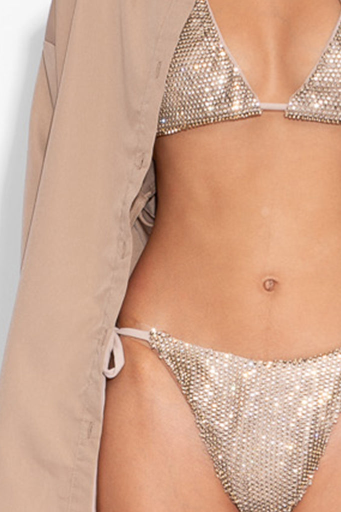 Crystal Embellished Fishnet Bikini Pant in Gold