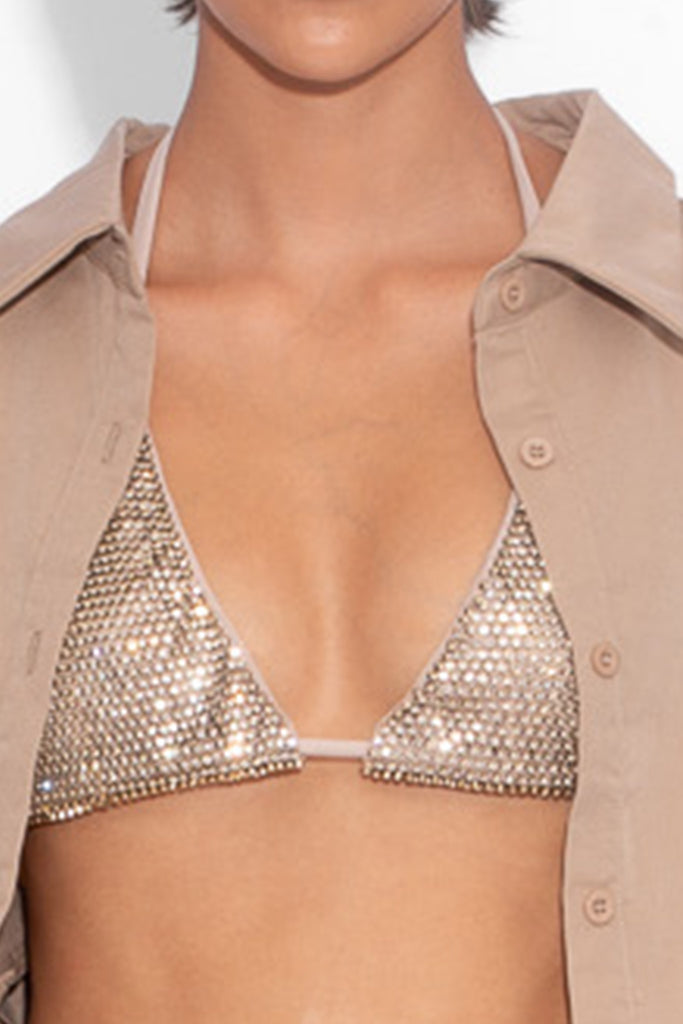 Crystal Embellished Fishnet Bikini Top in Gold