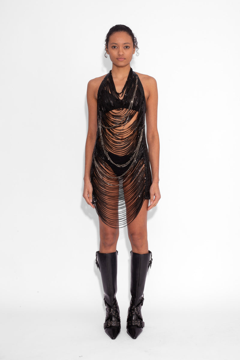 Shredded Chainmail Mini Dress in Black