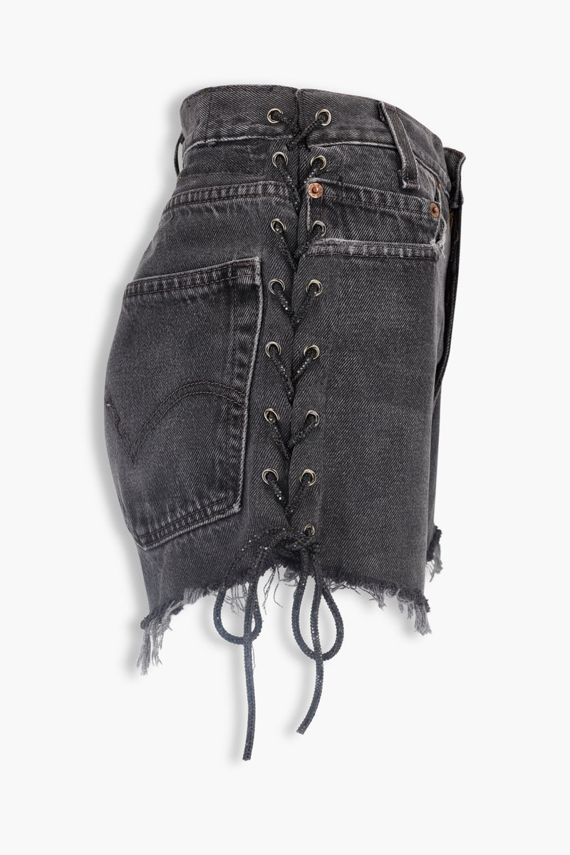 Denim Crystal Side Laced Up Shorts in Black