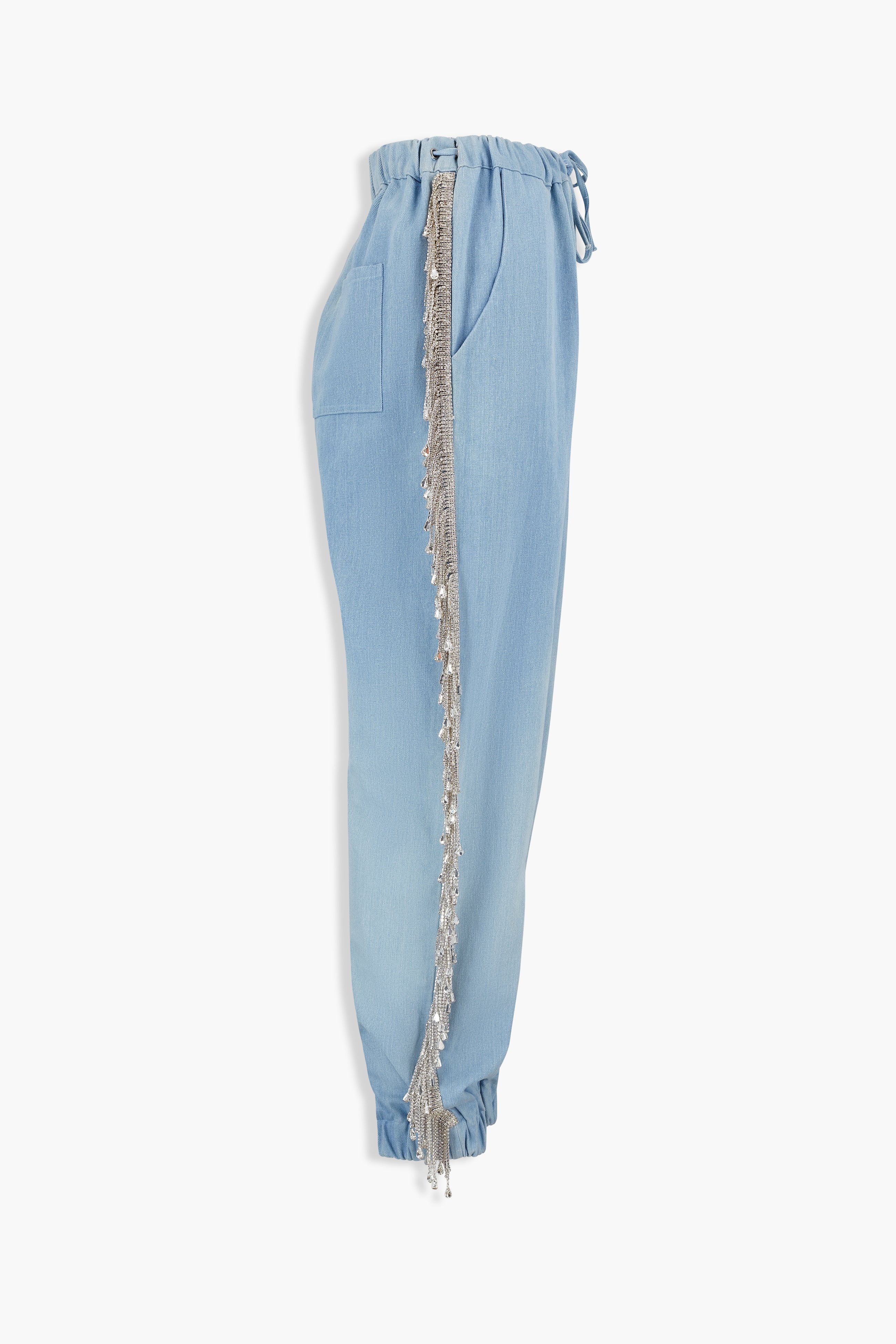 Denim Crystal Fringe Trousers