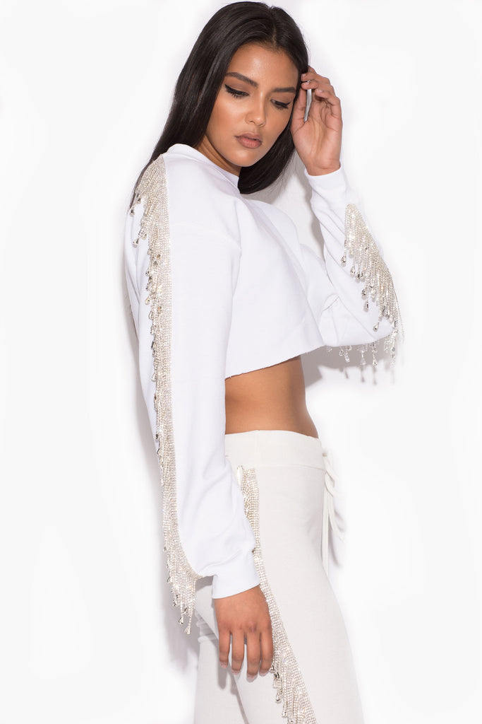 Crystal Fringe Sweatshirt in White