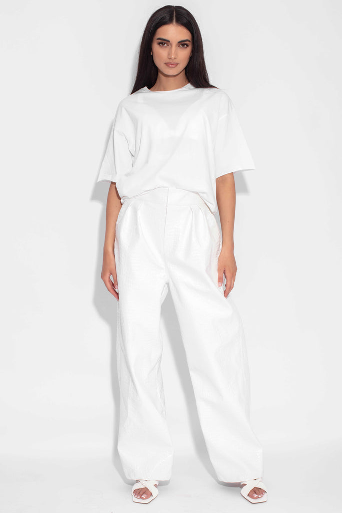 High Waisted Tailored Vegan Leather Pant in White