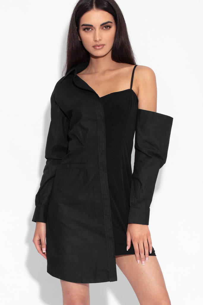 Black Asymmetrical Bodycon Shirt Dress